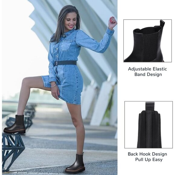 Athlefit Women Black Chelsea Wedge Platform Slip on Lug Sole Elastic Ankle Boot - Picture 3 of 6